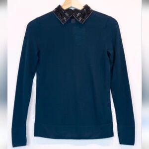 Club Monaco Dark Teal Merino Wool Penny Embellished Collar Sweater Small